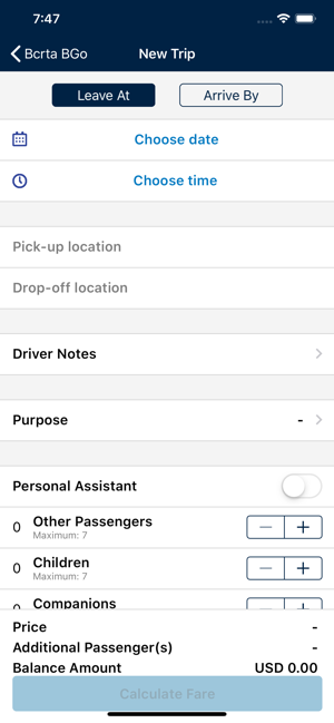 screenshot of the trip planning form in the app